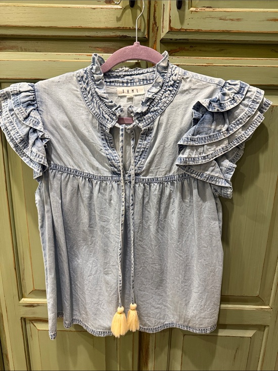 THML Tops - Light Blue Ruffle Denim Top